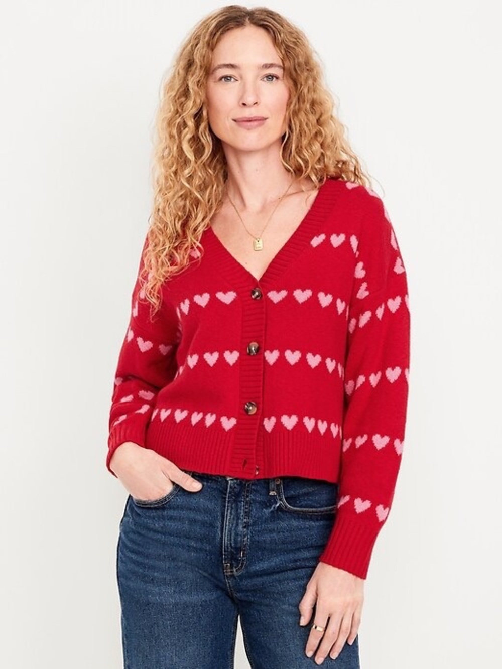 Red Heart-Pattern V-Neck Cardigan Sweater
